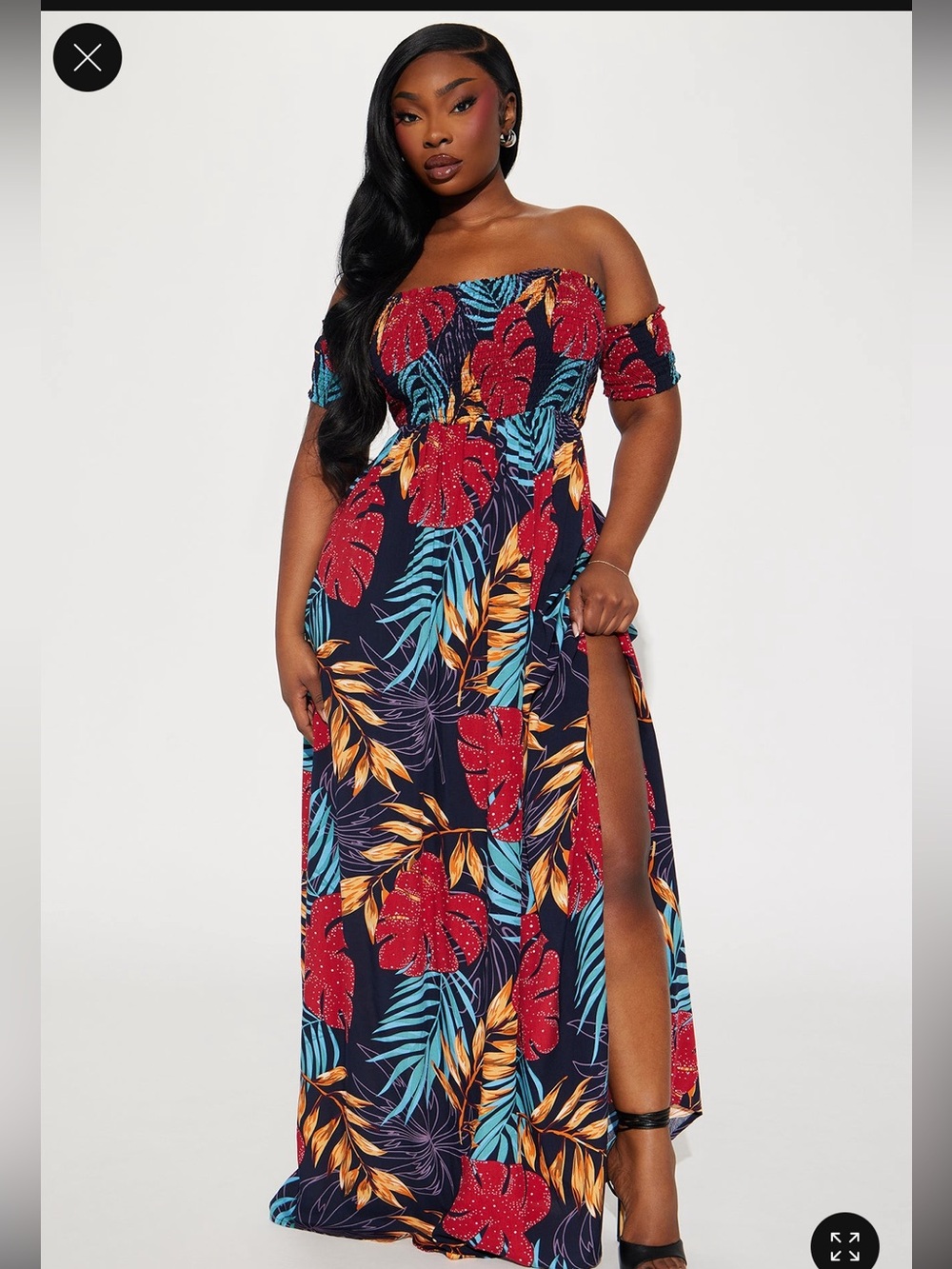 Fashion Nova Navy Off-Shoulder Maxi Skirt with Red & Teal Tropical